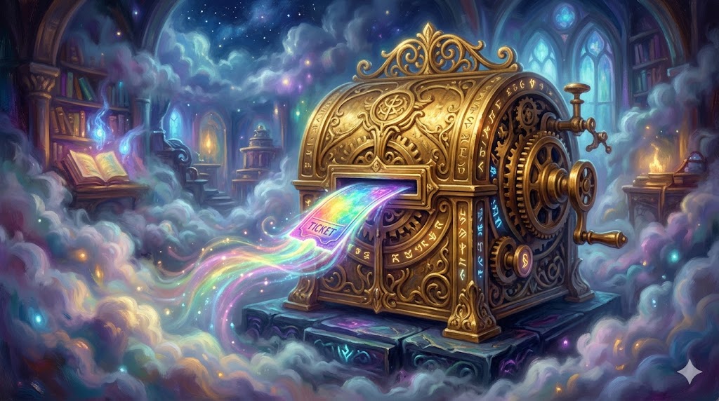 黄金の機械へ吸い込まれる輝くチケット