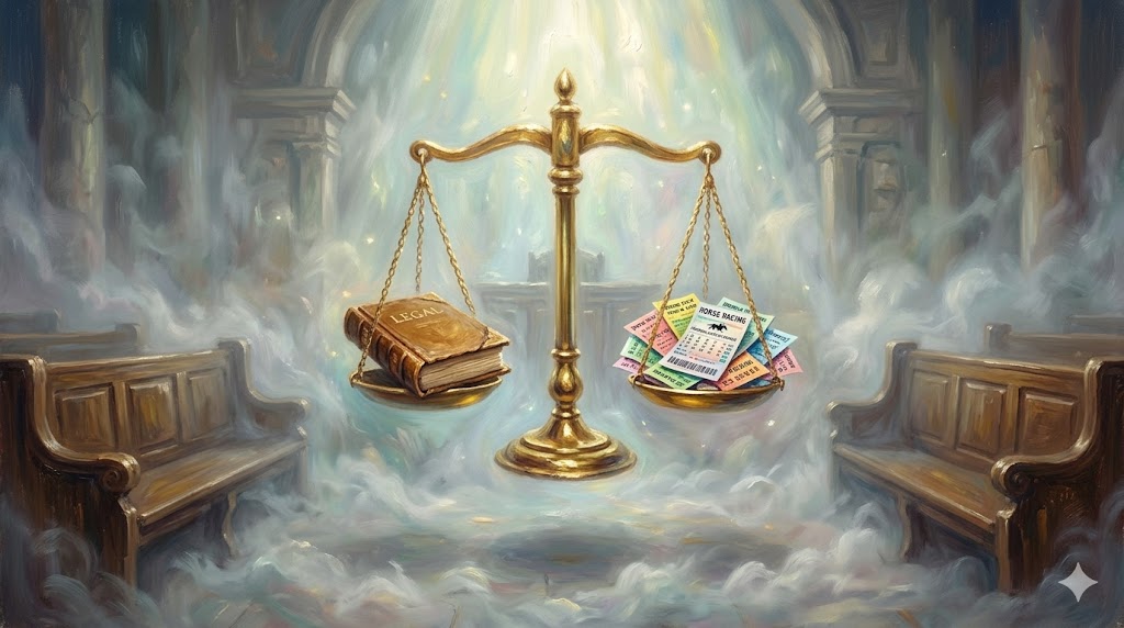天秤と馬券が浮遊する幻想的な法廷