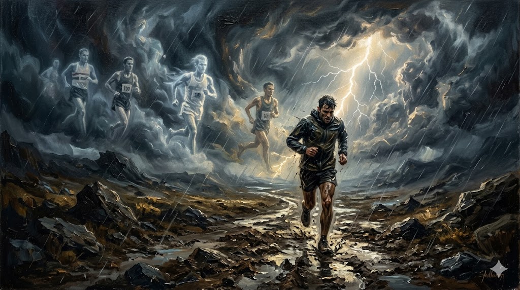 嵐の中でトレーニングに励む孤独なランナー