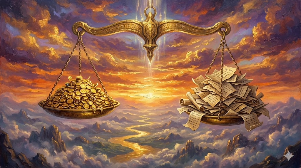 金貨と古い領収書を天秤にかける抽象画