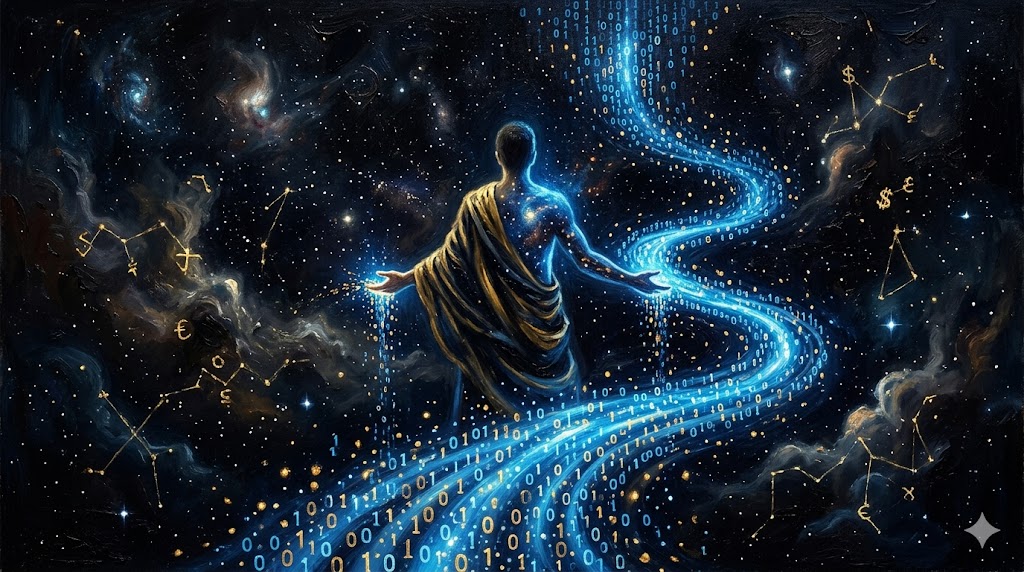 手のひらへ流れ込むデジタルな光の川