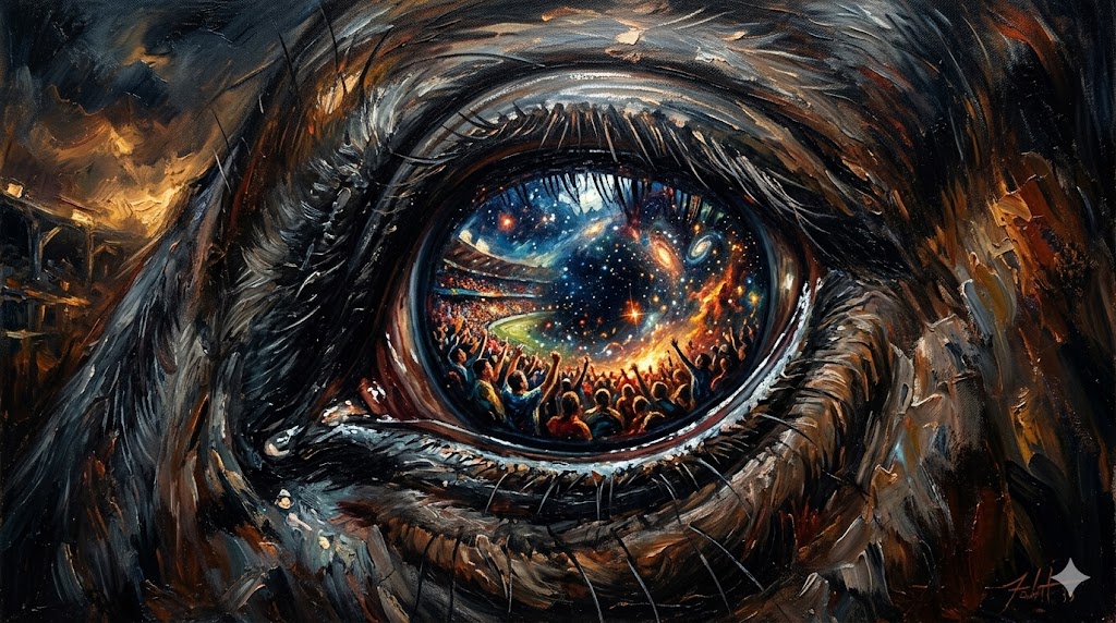 馬の瞳の中に映る、燃え盛る情熱と冷静な宇宙