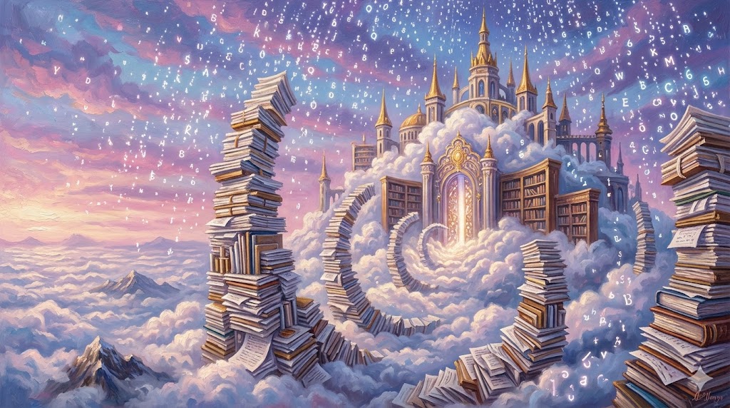 雲の上に浮かぶ巨大な公的機関と降る書類