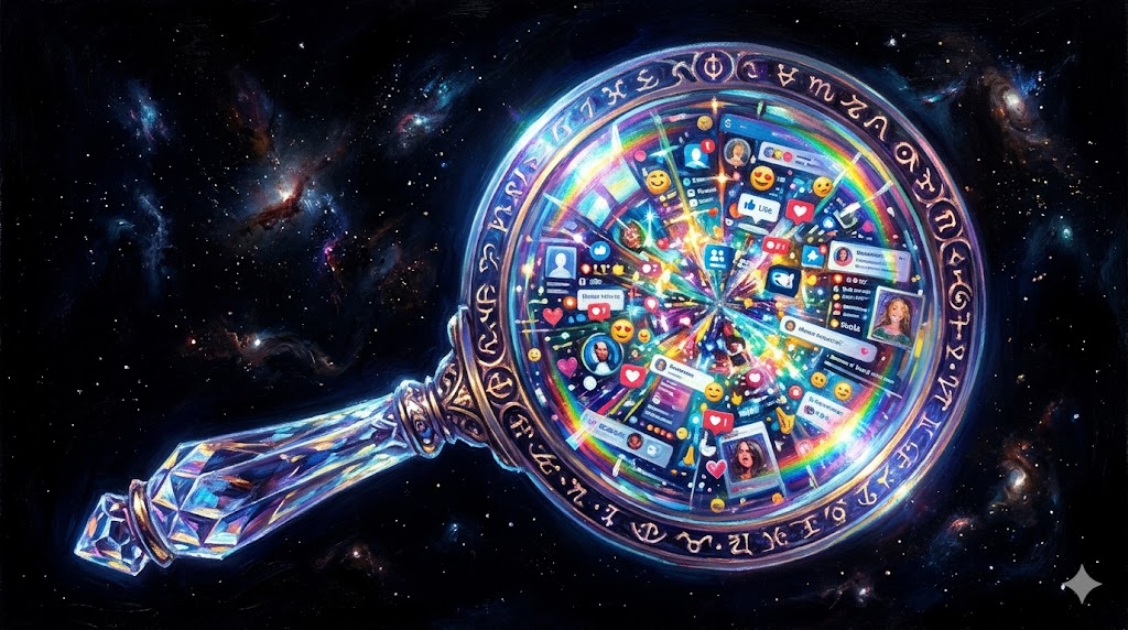 宇宙の闇で見つめる巨大な虫眼鏡とSNS画面