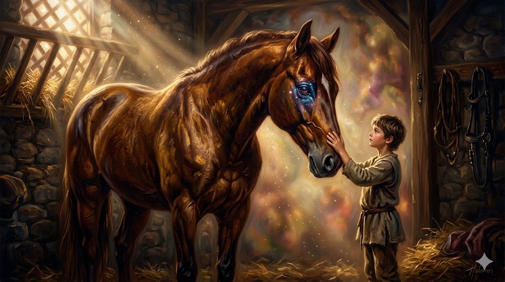 朝靄の中で馬と心を通わせる少年騎手のシルエット