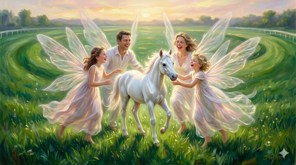 新緑の競馬場で遊ぶ家族と白いポニー