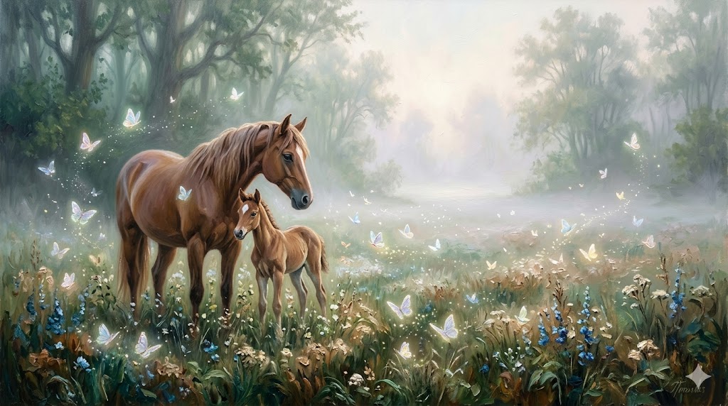 朝靄の牧場と母子馬