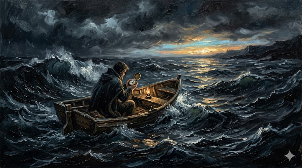 嵐の海で羅針盤を握りしめ、水平線を見つめる旅人