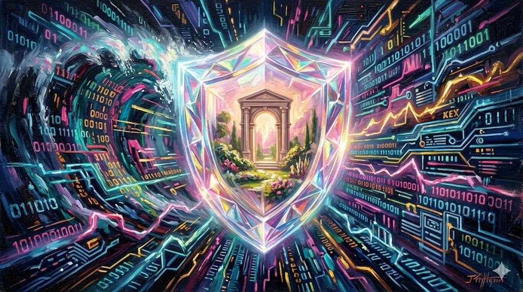 スマートフォンを守るクリスタルの盾とデジタルデータ