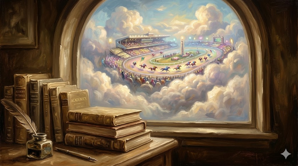 古い教科書と競馬場のスタンドが溶け合う風景