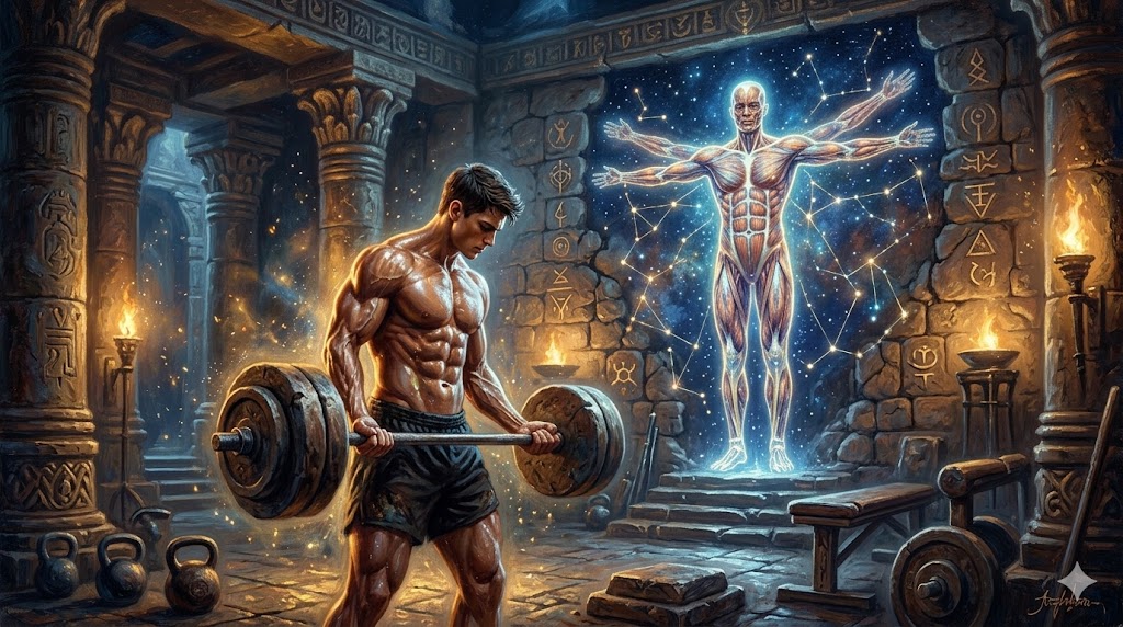 最新のトレーニング設備で肉体を鍛え上げる若者