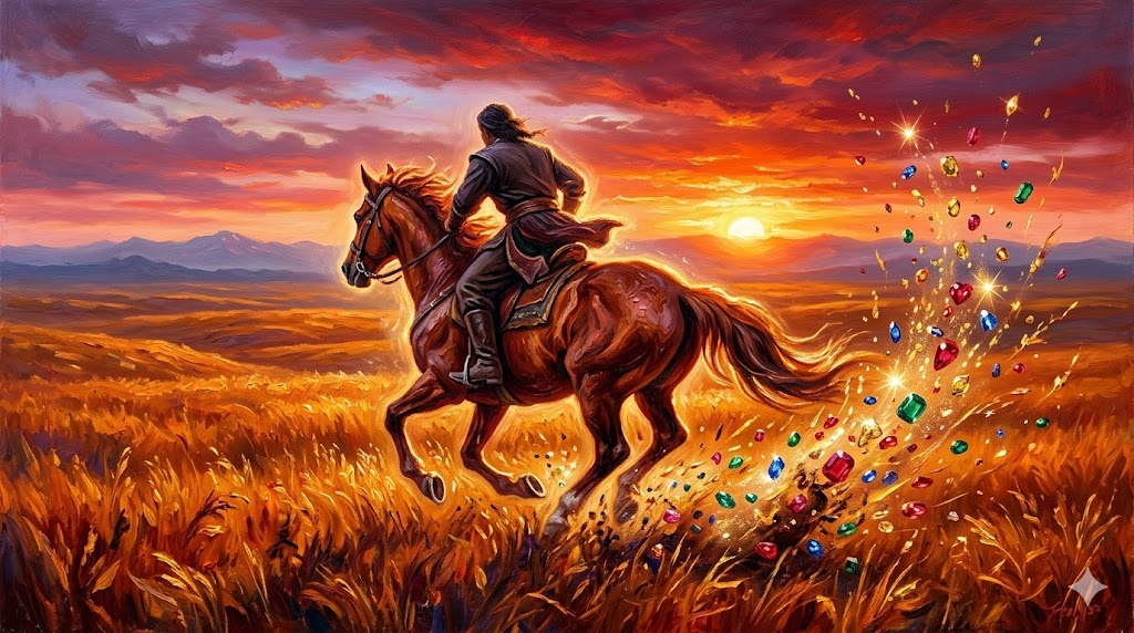 黄金の夕日に向かって馬を走らせる未来の勝者