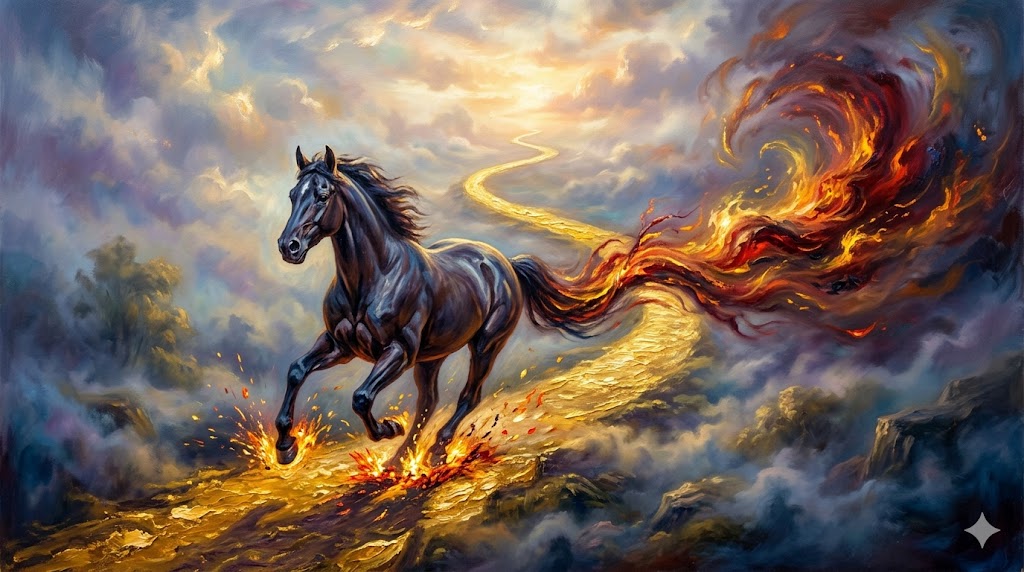 霧の中、黄金の坂道を駆け上がる鉄の筋肉を持つ馬