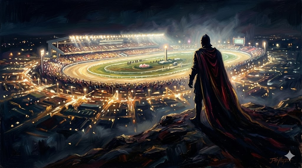 スタジアムの夜景を背景に立つ騎士の影