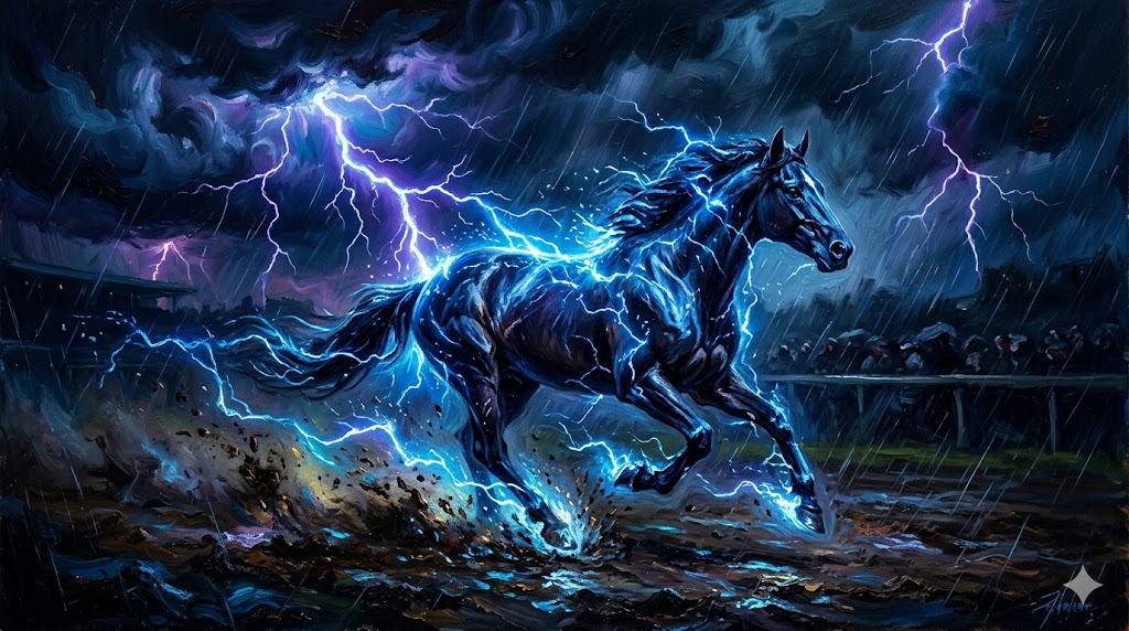 燃え盛る嵐の中を独走する、青い稲妻を纏った名馬