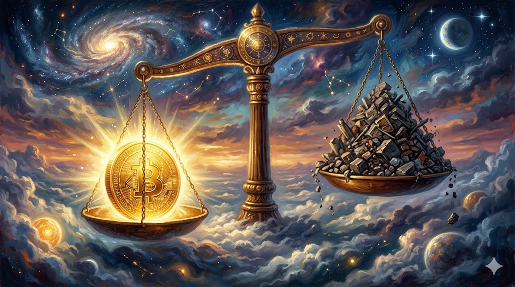 一枚の金貨が天秤の上で、数多の瓦礫を釣り上げる図