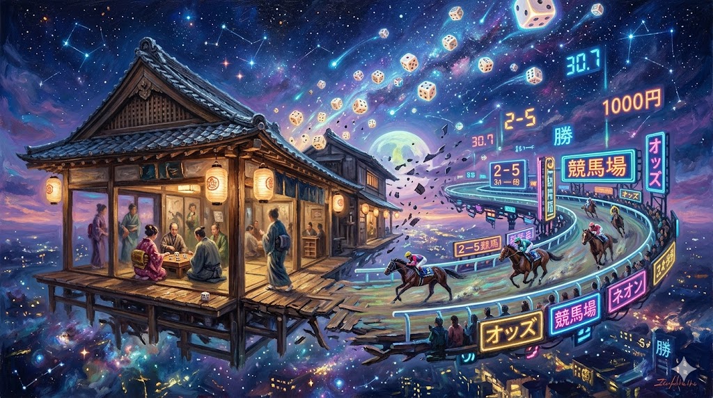 江戸時代の博打場と現代の競馬場が交差する幻想風景